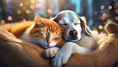 Cute cat and dog sleeping together on sofa in room with lightsの素材