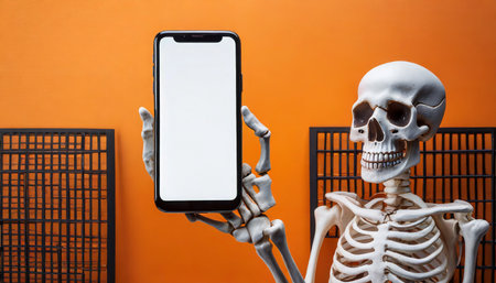 Skeleton holding a mobile phone with blank screen on orange background.の素材
