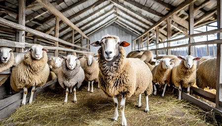 Sheep in the stable. Herd of sheep in the farmの素材