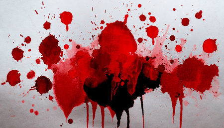 Blood splashes on white paper. Abstract grunge background with copy spaceの素材