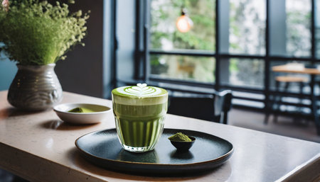 Green tea matcha latte on table in cafe, stock photoの素材