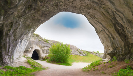 The entrance to the cave in the middle of the green forest.の素材