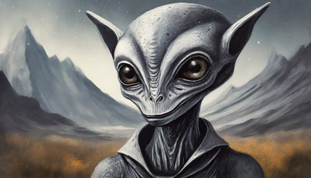 Alien in the mountains. Fantasy illustration. Digital painting. 3D rendering.の素材