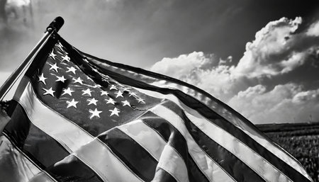 American flag waving in the wind against a cloudy sky. Black and white.の素材