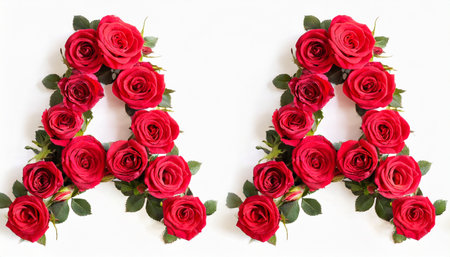 English alphabet made of red rose flowers on white background. Letter Aの素材