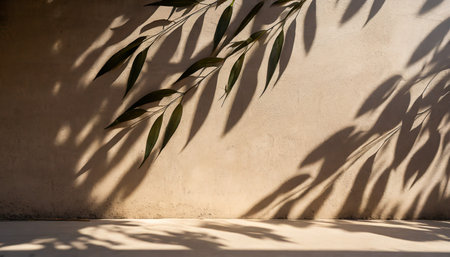 Shadow of palm leaves on a concrete wall background. Copy space.の素材