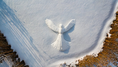 Aerial view of the white dove on the snow in winter.の素材
