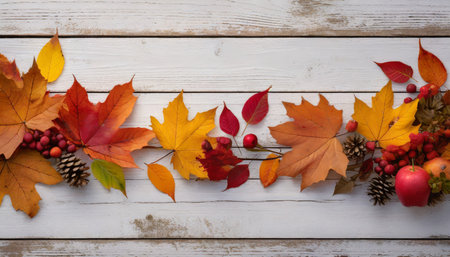 Autumn leaves and berries on white wooden background. Top view.の素材