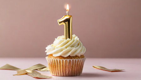 Birthday cupcake with number one candle on pink background with copy spaceの素材