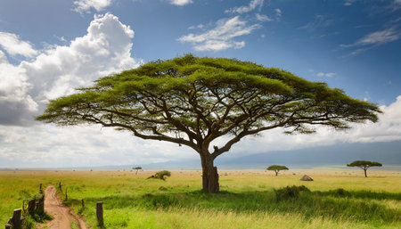 African landscape with acacia tree in Serengeti National Park, Tanzaniaの素材