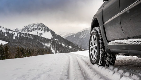 winter tire suv car on snow road tires on snowy highway detail close up view space for text the concept of family travel to a ski resort winter or spring holidays adventuresの素材