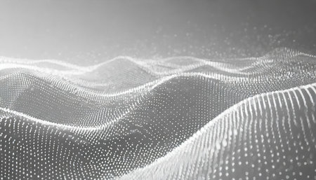 abstract white futuristic background big data visualization digital dynamic wave of particles 3d renderingの素材