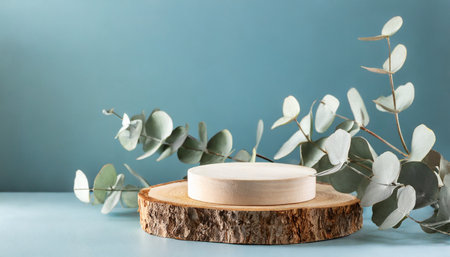 wood slice podium with eucalyptus leaves on blue background for cosmetic product mockupの素材