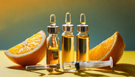 ampoules with vitamin c syringe bottle of essential oil and orange slices on yellow background closeupの素材