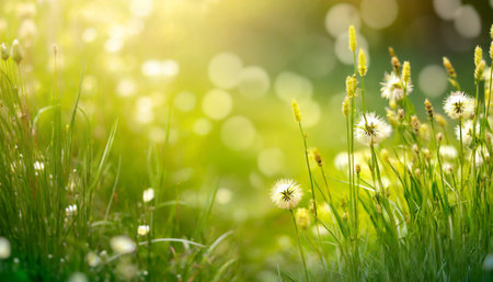 closeup of flowering grasses in an idyllic sunny green meadow on abstract blurred background with copy space grass pollen allergy season conceptの素材