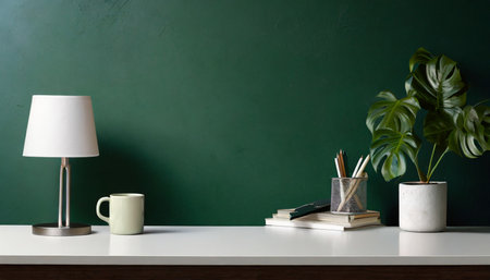 home office desk with dark green wall and white table mock upの素材