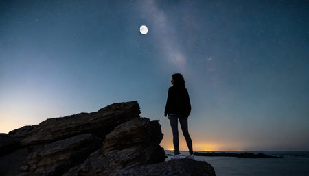 silhouette of a person on rocks looking at the night sky with vialla lacte and moon in the backgroundの素材