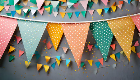 set of colorful party pennant triangles over backgroundの素材