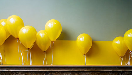 yellow balloons on the top of yellow banner the concept of a holiday party sales opening ceremoniesの素材