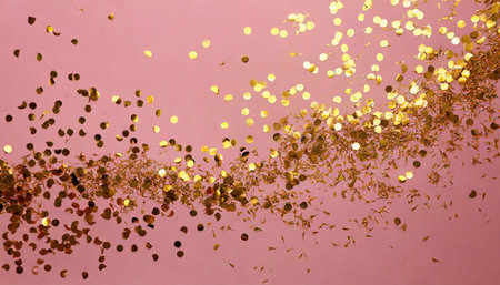 photo of a festive pink background with shimmering gold confettiの素材