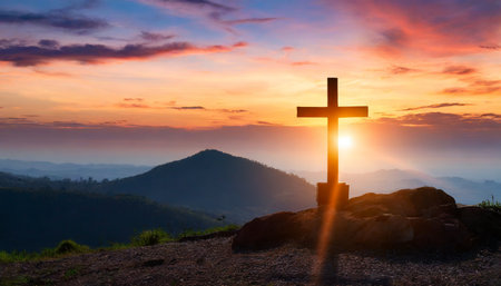 silhouette cross on calvary mountain sunset background easter christmas conceptの素材