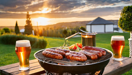 outdoor barbecue grill roasted beef sausages summer sunset fun vacation beer celebrationの素材