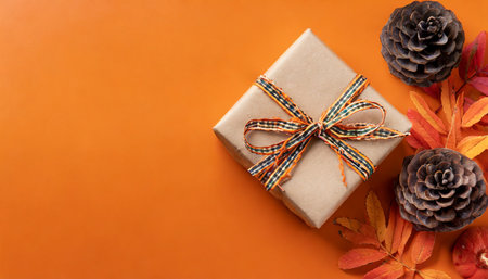 top view of fall themed handmade paper gift box on orange background with copy spaceの素材