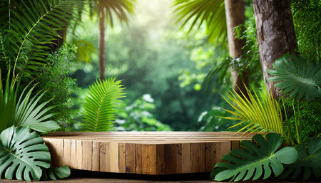 wooden podium in tropical forest for product presentation and green backgroundの素材