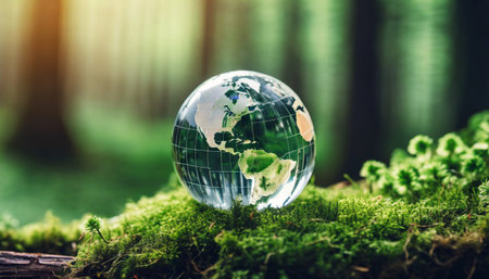 crystal globe on moss in a forest environment conceptの素材