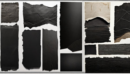 set collection of black ripped textured paper strips scraps and tape over a background ideal for text and messages cut out vintage collage design elements highly detailedの素材