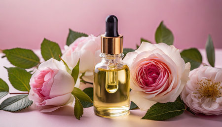 rose essential oil on a pink background with flowers generative ai 2の素材
