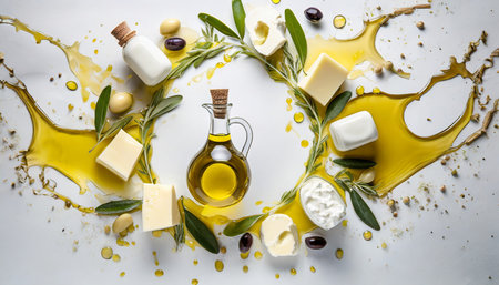 olive oil and dairy splashes arranged in a circle on a white backgroundの素材