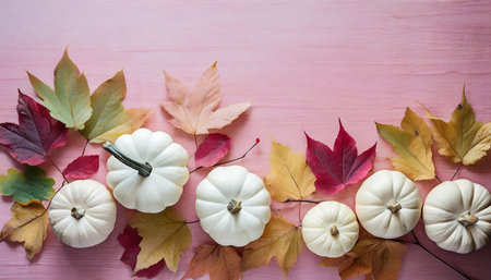 white pumpkins and autumn leaves on pink backgroundの素材