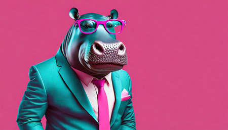 stylish portrait of dressed up imposing anthropomorphic hippopotamus wearing glasses and suit on vibrant pink background with copy space funny pop art illustrationの素材
