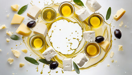 olive oil and dairy splashes arranged in a circle on a white backgroundの素材