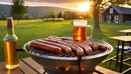 outdoor barbecue grill roasted beef sausages summer sunset fun vacation beer celebrationの素材