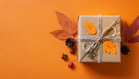 top view of fall themed handmade paper gift box on orange background with copy spaceの素材