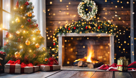 christmas tree with decorations near a fireplace with lightsの素材