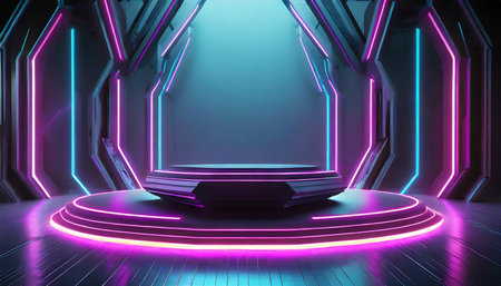 futuristic cyberpunk podium background where sleek lines vibrant colors and dystopian aesthetics collideの素材