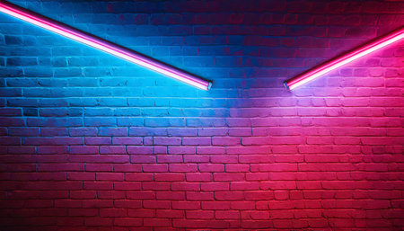 neon light on brick walls that are not plastered background and texture lighting effect red and blue neon backgroundの素材