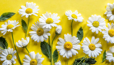 beautiful flowers composition pattern of white daisy chamomile on yellow background summer flowers concept flat lay top view copy spaceの素材