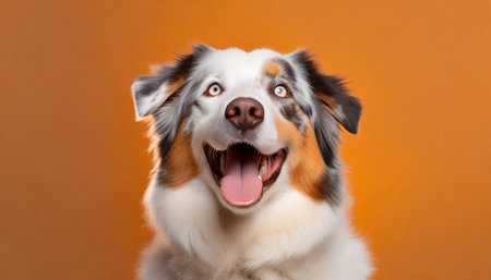 advertising portrait banner smiling funny australian shepherd looking up with open mouth on orange backgroundの素材