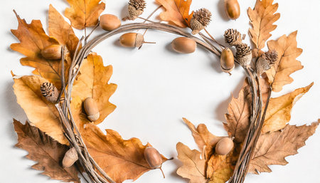 autumn creative composition frame made of dry leaves acorns on white background fall concept autumn background flat lay top view copy spaceの素材