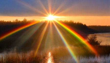 sunset with bright colors of the rainbow and the rays of the sunの素材