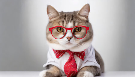 cute cat wearing glasses and shirt white backgroundの素材