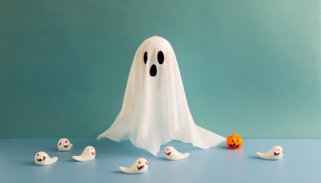 white ghost on pastel background minimal halloween scary concept ghost sheet halloween costume minimalist composition with copy space ai generatedの素材