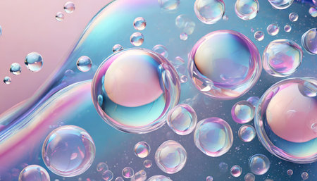 3d render abstract pastel pink blue background with iridescent magical air bubbles wallpaper with glass balls or water dropsの素材