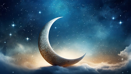 islamic greeting eid mubarak cards for muslim holidays eid ul adha festival celebration arabic ramadan background with crescent moon and the stars on night skyの素材