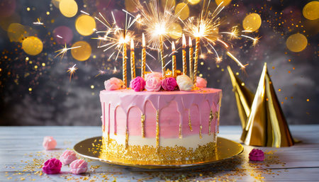 pink and gold birthday cake with gold birthday candles and celebration sparklersの素材