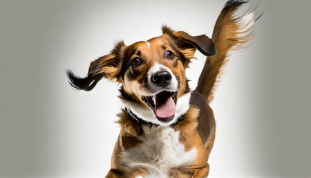 a playful dog with its tail in the air against a crisp white background generative aiの素材